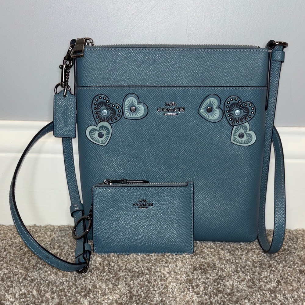 Coach Kitt Messenger Crossbody with Heart Appliqué with Matching Cardholder